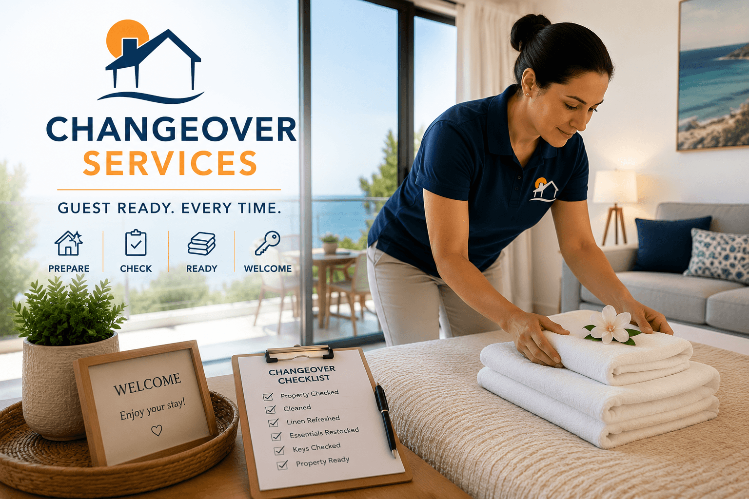 Professional holiday rental changeover service image showing a property management staff member preparing a guest-ready apartment in Cyprus. The scene features folded towels, a seaside holiday home, a changeover checklist, welcome decor, and Lonely Homes branding, representing guest preparation, property checks, cleaning coordination, and holiday rental turnover services in Paphos and Polis.