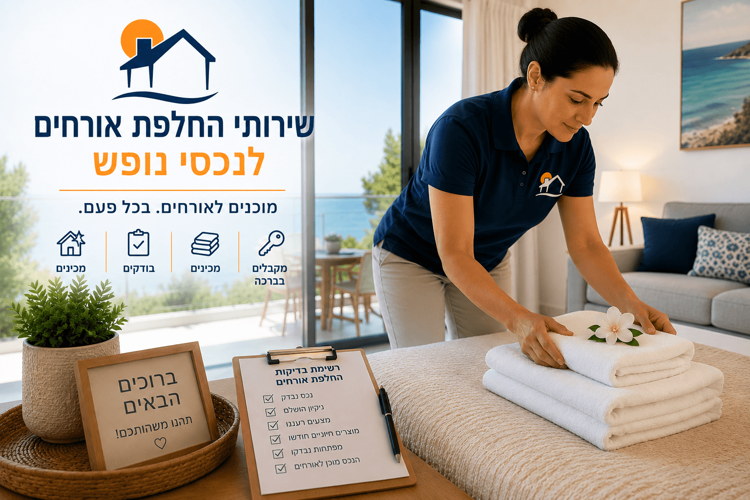 Professional holiday rental changeover service image showing a property management staff member preparing a guest-ready apartment in Cyprus. The scene features folded towels, a seaside holiday home, a changeover checklist, welcome decor, and Lonely Homes branding, representing guest preparation, property checks, cleaning coordination, and holiday rental turnover services in Paphos and Polis.