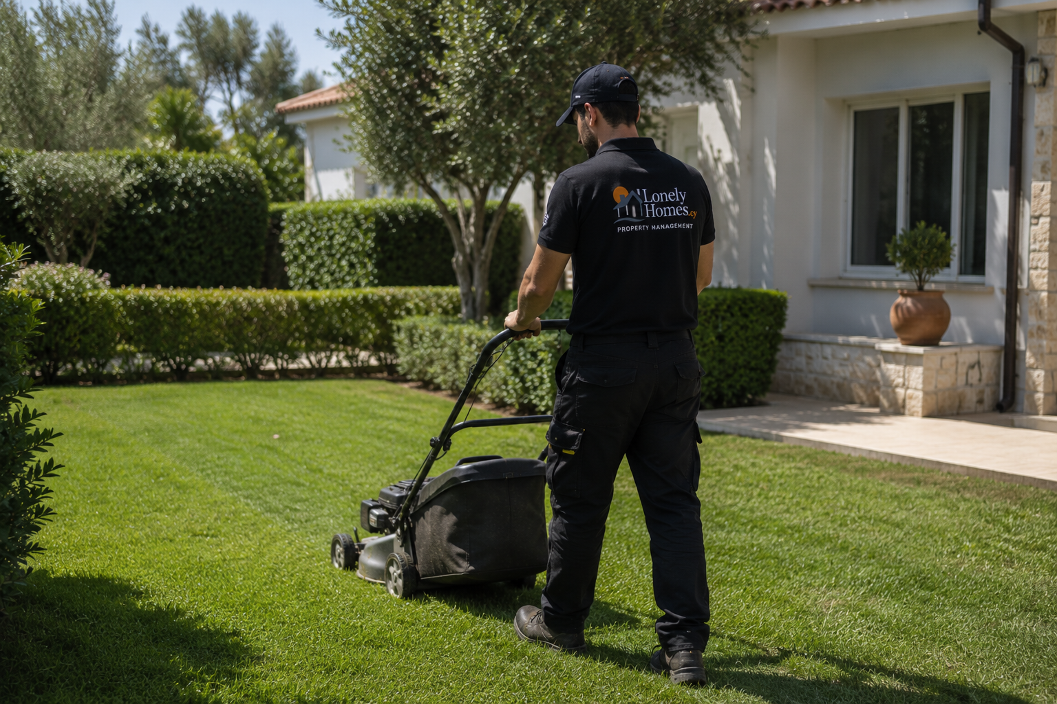 Professional gardener mowing a manicured lawn at a luxury villa in Paphos, Cyprus with Lonely Homes Property Management branding.