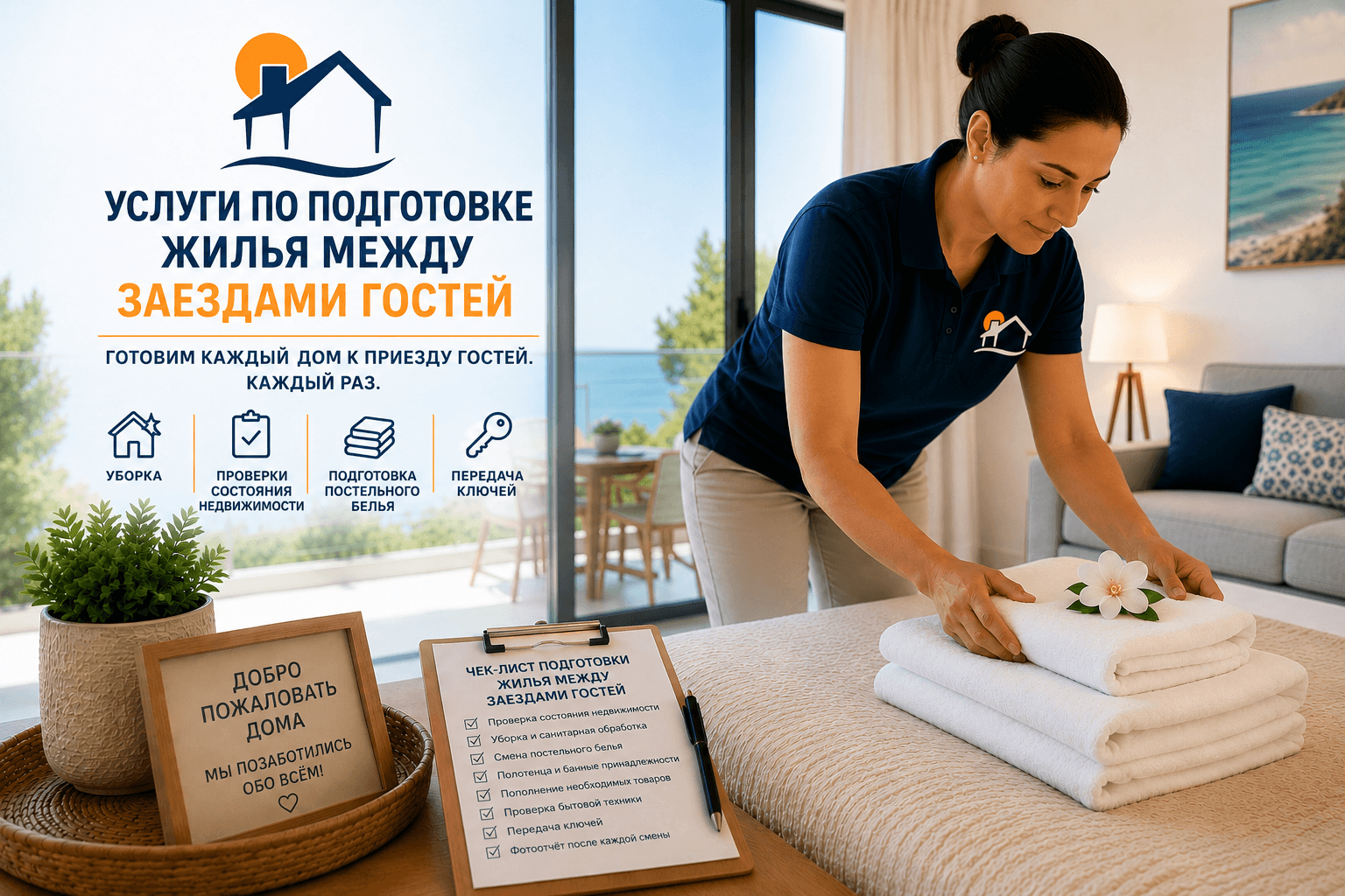 Professional holiday rental changeover service image showing a property management staff member preparing a guest-ready apartment in Cyprus. The scene features folded towels, a seaside holiday home, a changeover checklist, welcome decor, and Lonely Homes branding, representing guest preparation, property checks, cleaning coordination, and holiday rental turnover services in Paphos and Polis.