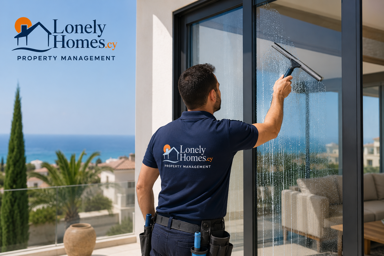 Lonely Homes team member providing professional window cleaning services at a luxury villa in Paphos