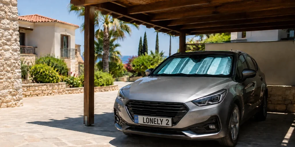 Car parked in shade with sunshade in Cyprus while owner is abroad