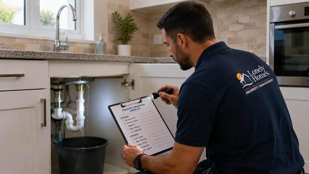 Professional property inspector checking a water leak beneath a kitchen sink during a vacant property inspection in Cyprus.