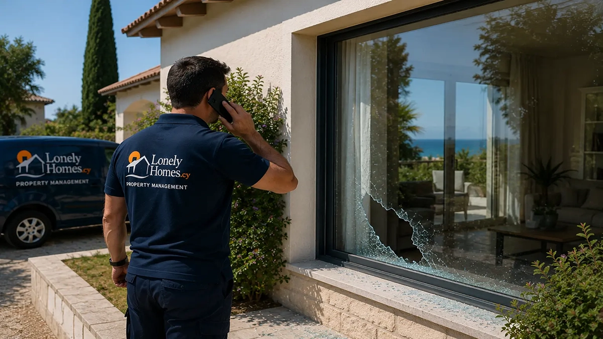 Property management technician responding to a broken window at a Cyprus holiday home and contacting the owner while assessing the damage.