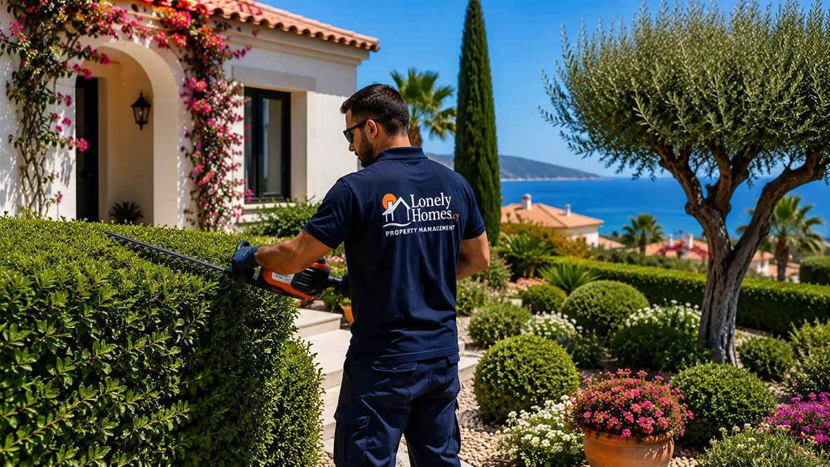 Professional garden maintenance technician trimming hedges at a Cyprus holiday home with landscaped gardens and sea views.