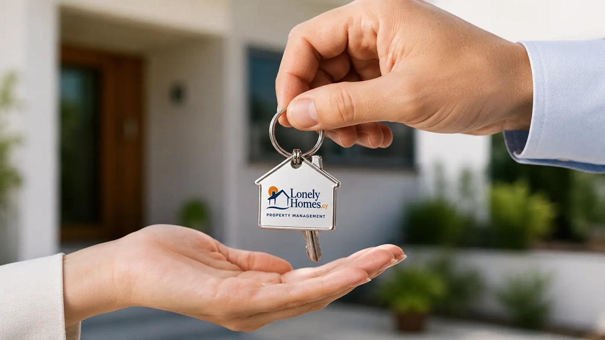 House keys with Lonely Homes property management keyring being securely handed over in front of a Cyprus property.