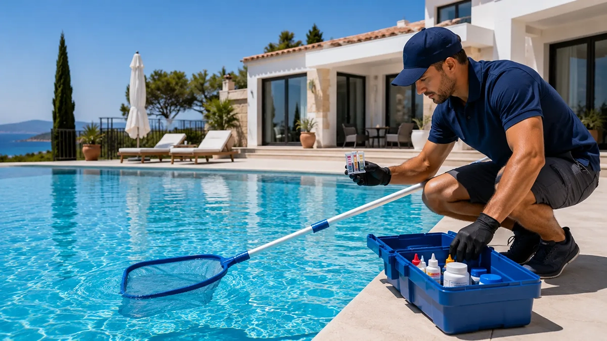 Professional pool technician testing water quality and maintaining a swimming pool at a Cyprus holiday home.