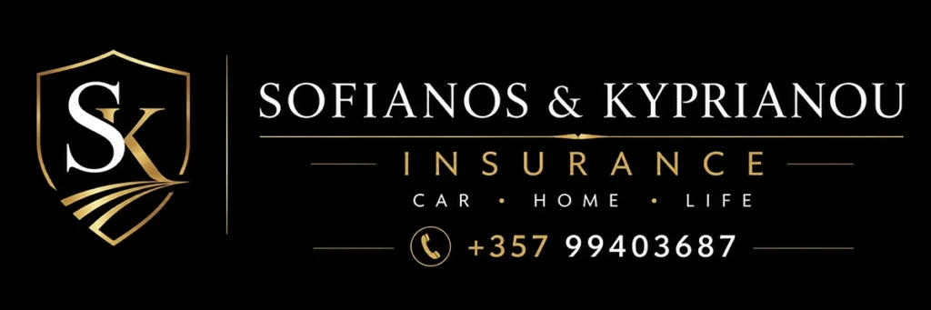 Sofianos & Kyprianou Insurance Cyprus banner featuring professional insurance branding for car, home and life insurance with contact number +357 99403687.