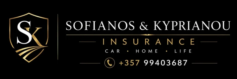 Sofianos & Kyprianou Insurance Cyprus banner featuring professional insurance branding for car, home and life insurance with contact number +357 99403687.