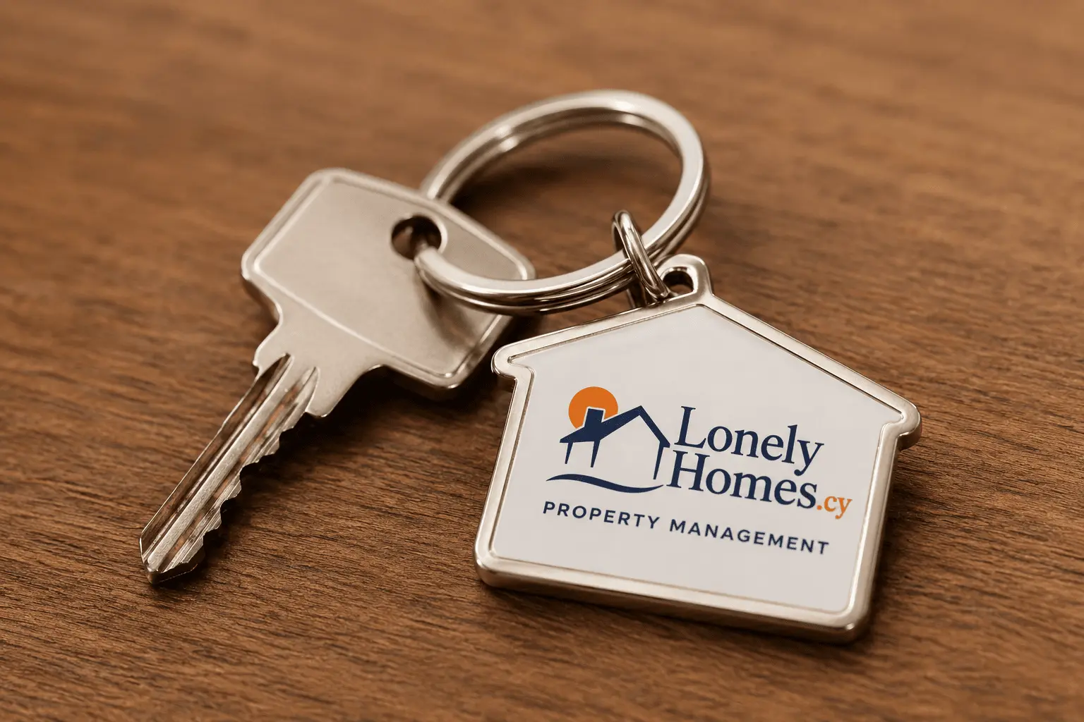 Lonely Homes branded house key and keychain symbolising secure key holding services in Paphos