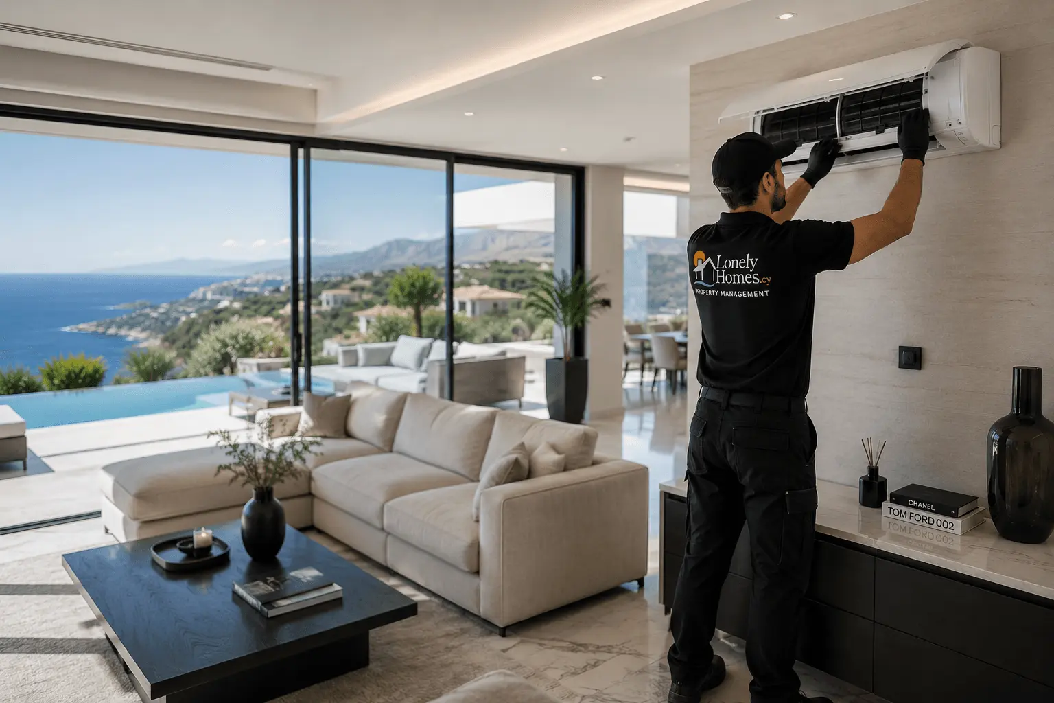 Air conditioning technician servicing a wall-mounted AC unit inside a luxury sea-view villa in Paphos, Cyprus with Lonely Homes Property Management branding.