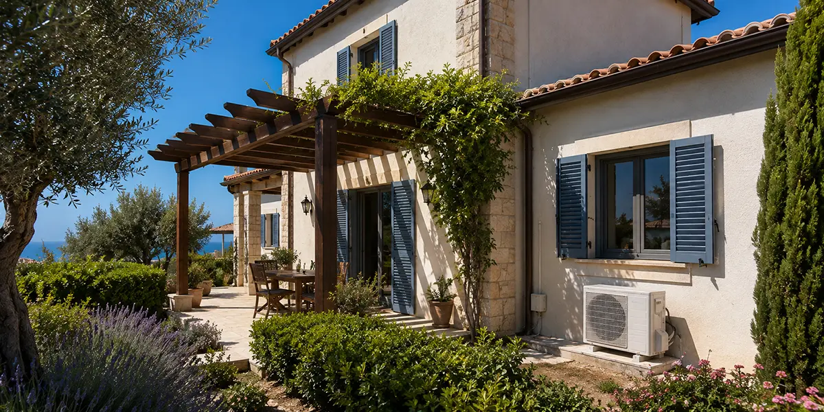 Cyprus home with shutters, a wooden pergola, mature landscaping and a properly installed outdoor air-conditioning unit