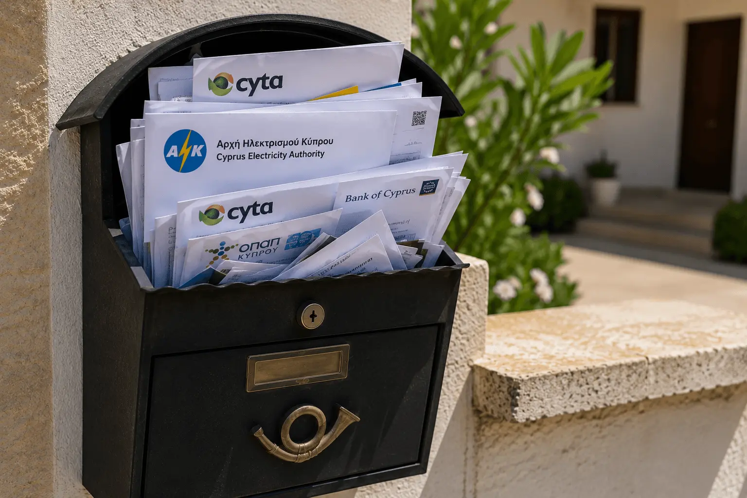 Overflowing mailbox outside a luxury home in Paphos, Cyprus filled with utility bills and correspondence, highlighting the importance of regular mail collection for overseas property owners.