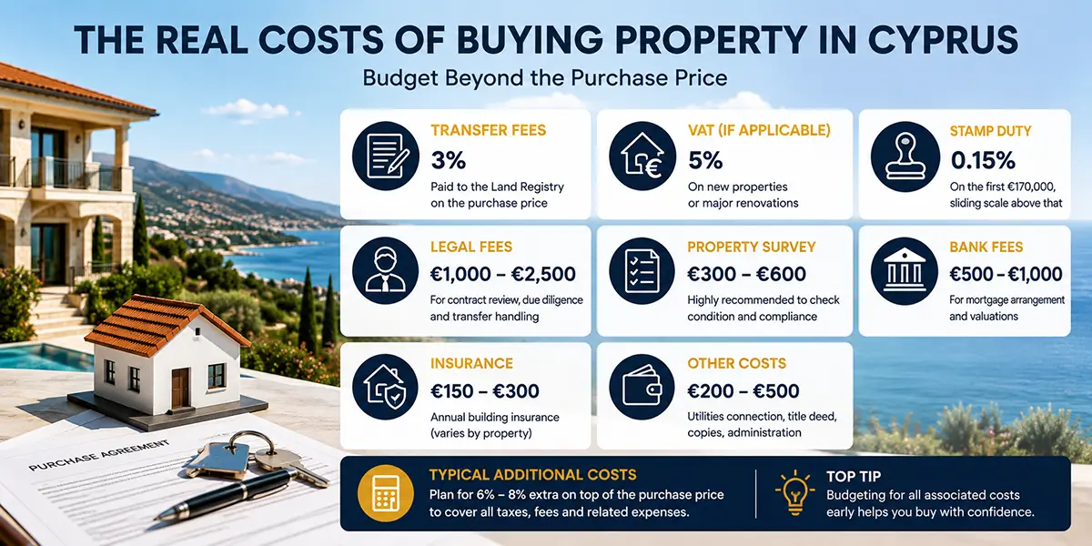 Infographic showing the main costs of buying property in Cyprus including legal fees, VAT, transfer fees and surveys