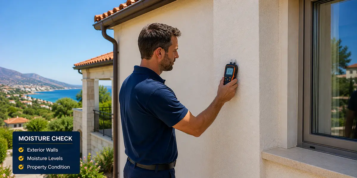 Property inspector using a moisture meter to check the exterior wall of a Cyprus villa before purchase
