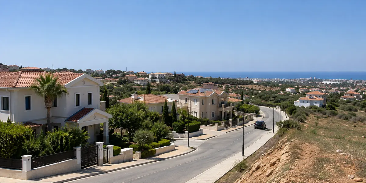 Residential neighbourhood in Cyprus showing occupied homes, roads, pavements and nearby undeveloped land before buying a property