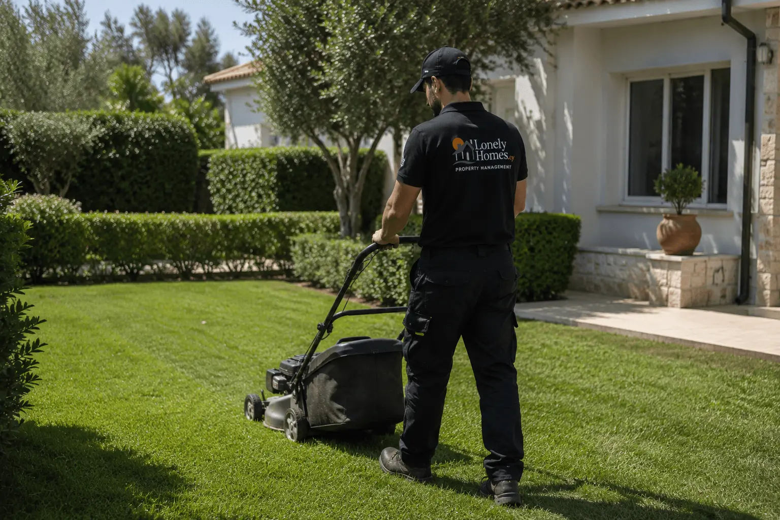 Professional gardener mowing a manicured lawn at a luxury villa in Paphos, Cyprus with Lonely Homes Property Management branding.