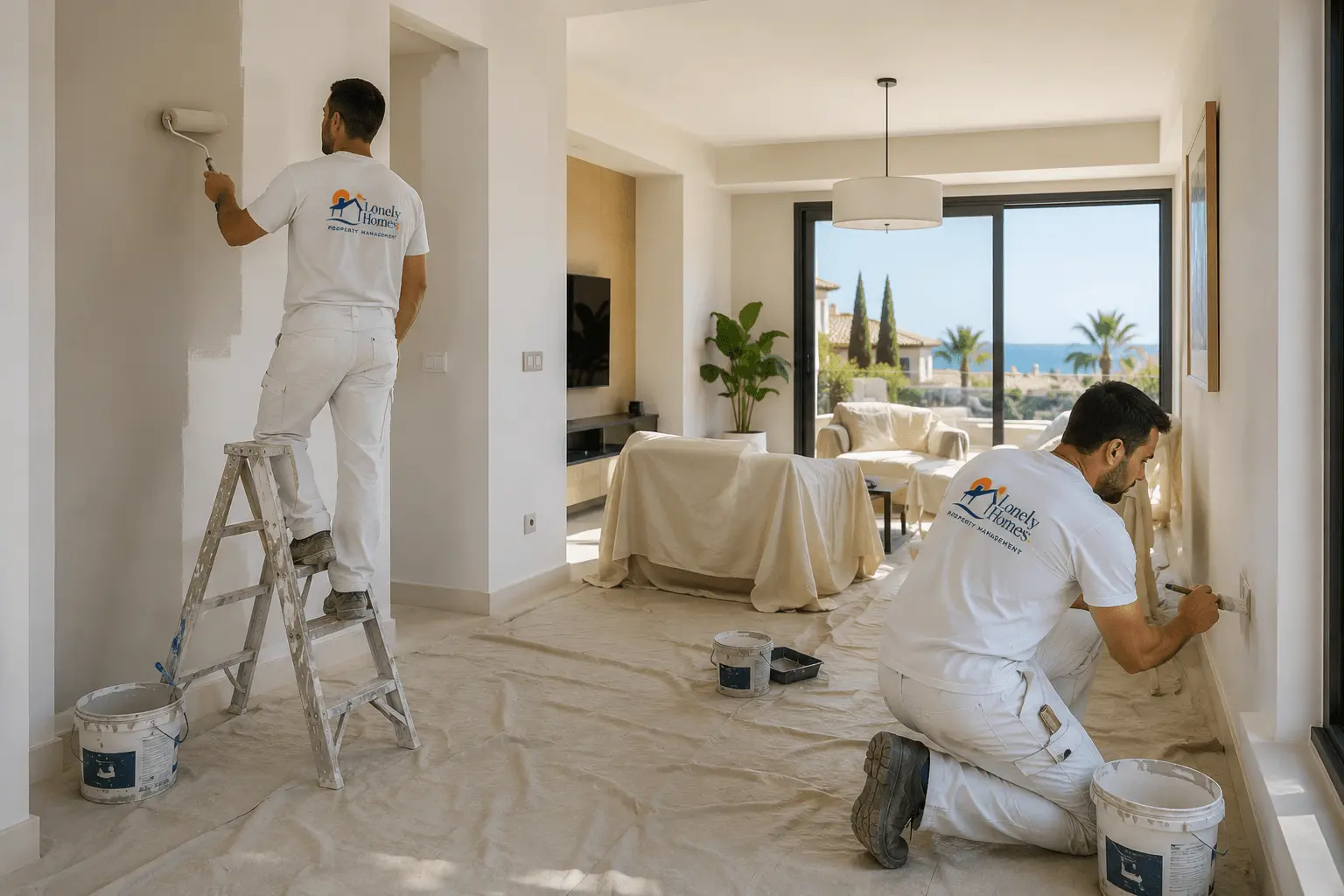 Two painters refreshing the interior of a luxury sea-view villa in Paphos, Cyprus as part of professional painting and property repair services by Lonely Homes.