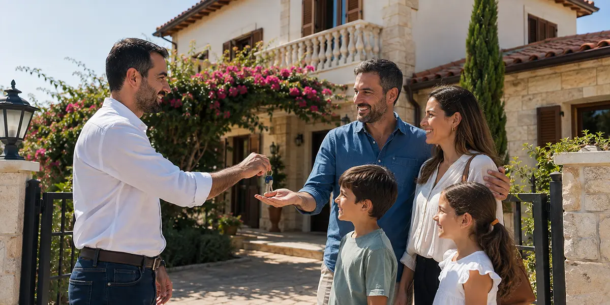 Secure key handover to a family outside a Cyprus villa with the property visible in the background