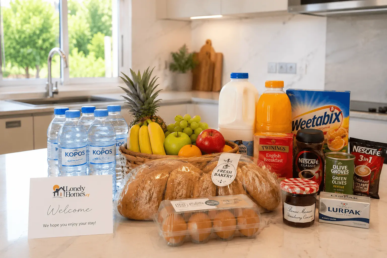 Lonely Homes Cyprus welcome pack in Paphos with groceries, fresh fruit, bread, milk and household essentials prepared for overseas homeowners before they arrive at their Cyprus property.