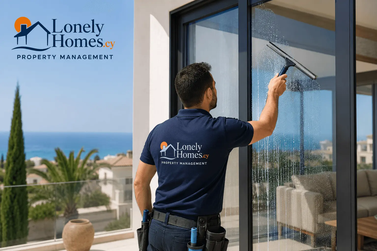 Lonely Homes team member providing professional window cleaning services at a luxury villa in Paphos