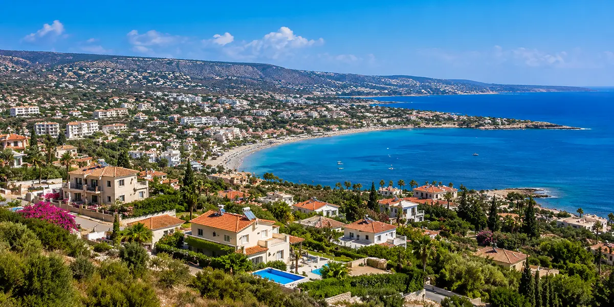 Peyia and Coral Bay coastline with hillside villas and Mediterranean Sea in Paphos, Cyprus