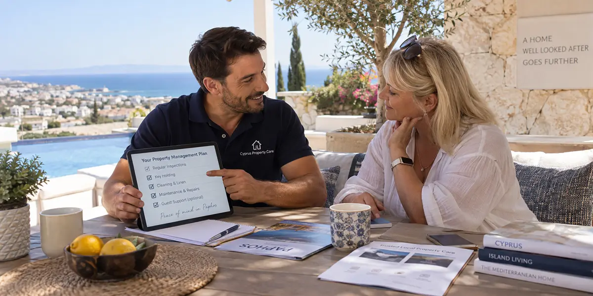 Property manager in Paphos discussing a tailored property management plan with an overseas homeowner, showing inspection, key holding, cleaning and maintenance options on a tablet.