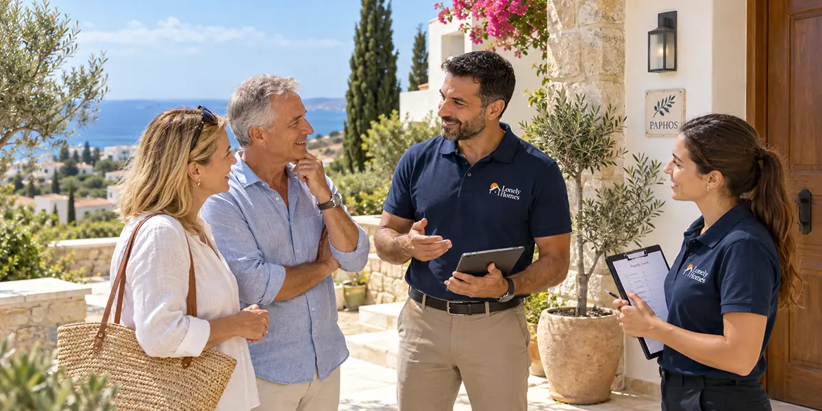 Property manager discussing a tailored property management plan with an overseas homeowner in Paphos, showing inspection, key holding, cleaning and maintenance options.
